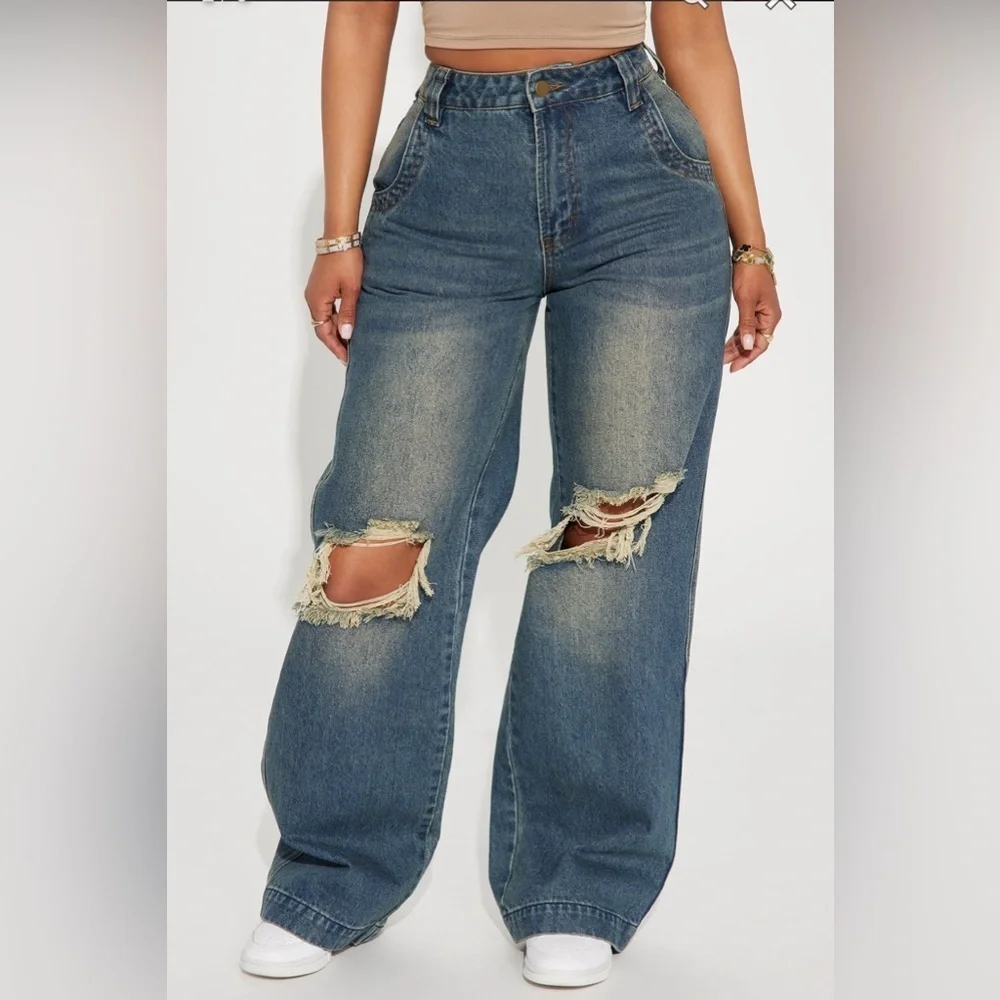 Fashion Nova Drew Drop Waist Baggy Jeans - Dark Wash